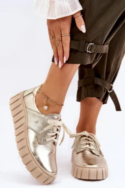 Zazoo 10128 Skórzane Półbuty Na Platformie Złote