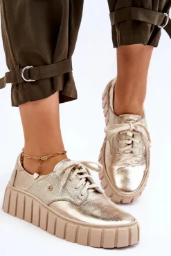 Zazoo 10128 Skórzane Półbuty Na Platformie Złote