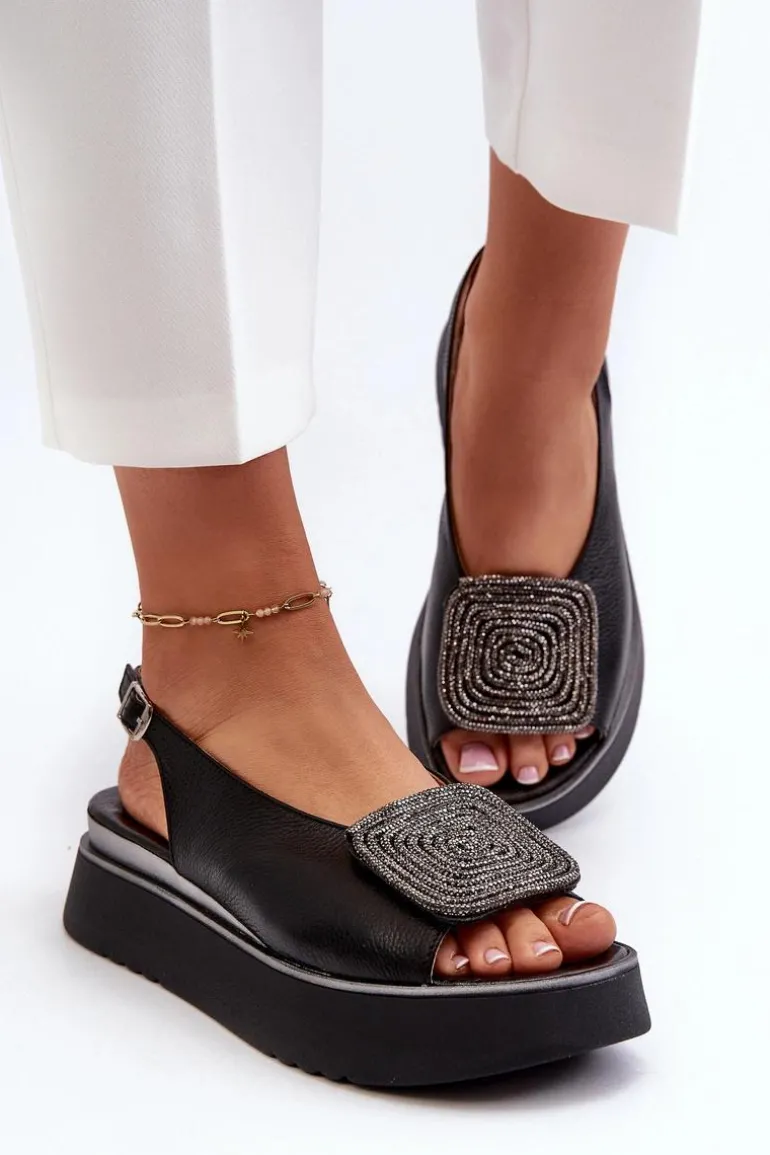 Zazoo 1786 Skórzane Sandały Damskie Na Platformie Z Ozdobą Czarne