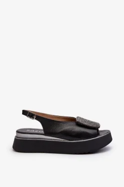 Zazoo 1786 Skórzane Sandały Damskie Na Platformie Z Ozdobą Czarne