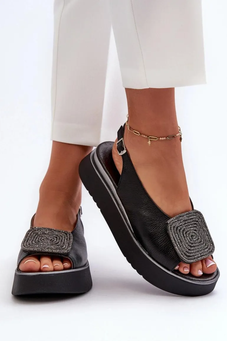 Zazoo 1786 Skórzane Sandały Damskie Na Platformie Z Ozdobą Czarne