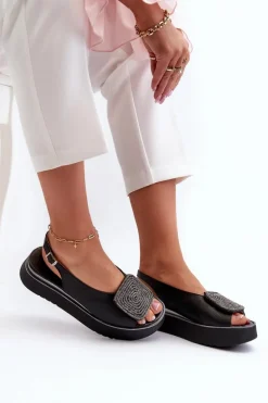 Zazoo 1786 Skórzane Sandały Damskie Na Platformie Z Ozdobą Czarne