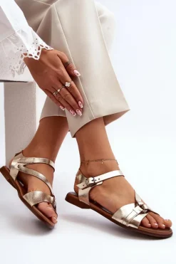 Zazoo 40182 Skórzane Sandały Damskie Złote