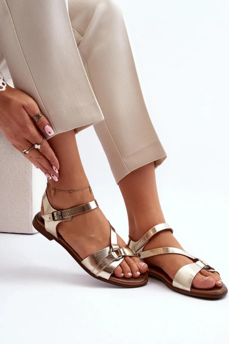 Zazoo 40182 Skórzane Sandały Damskie Złote