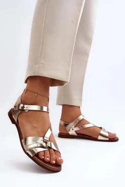 Zazoo 40182 Skórzane Sandały Damskie Złote