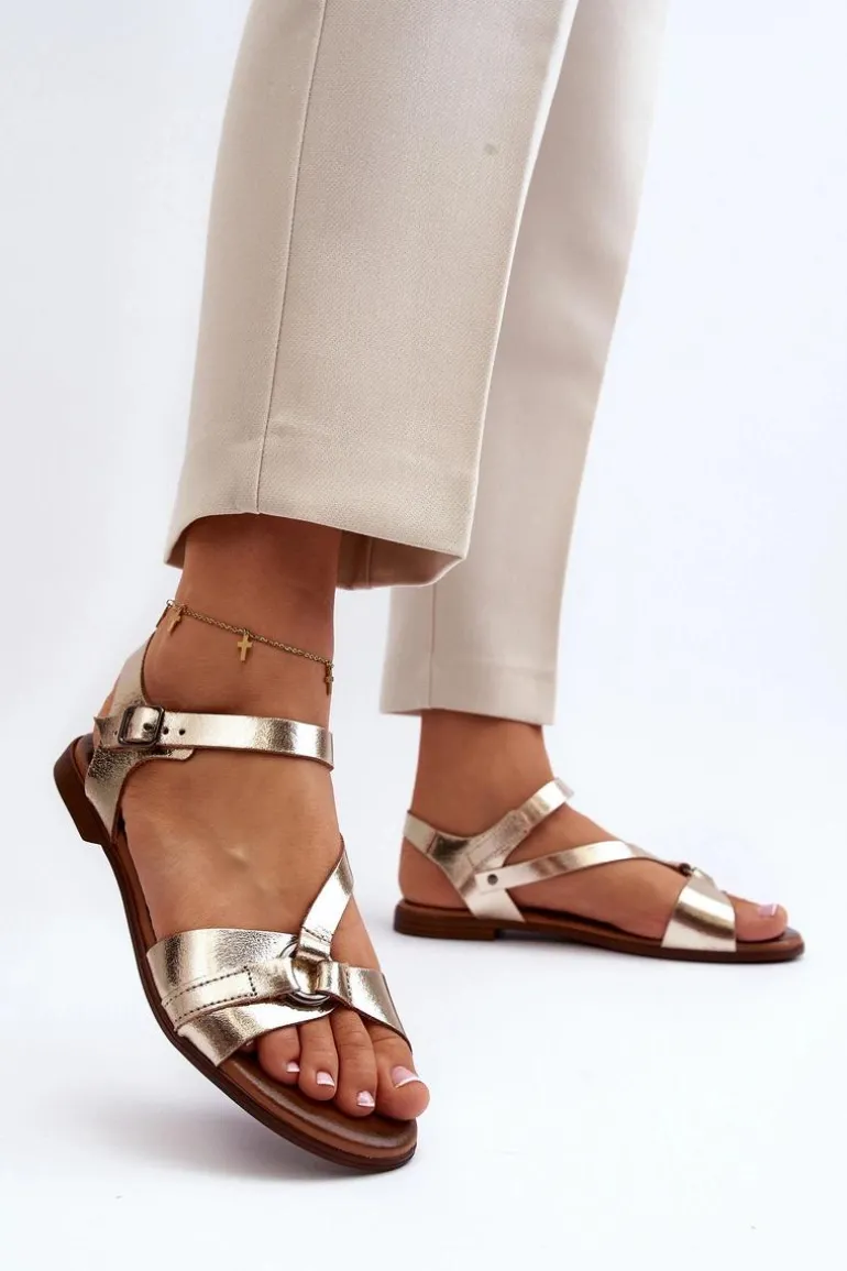 Zazoo 40182 Skórzane Sandały Damskie Złote