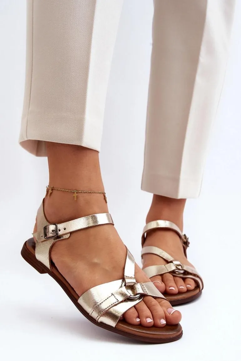 Zazoo 40182 Skórzane Sandały Damskie Złote