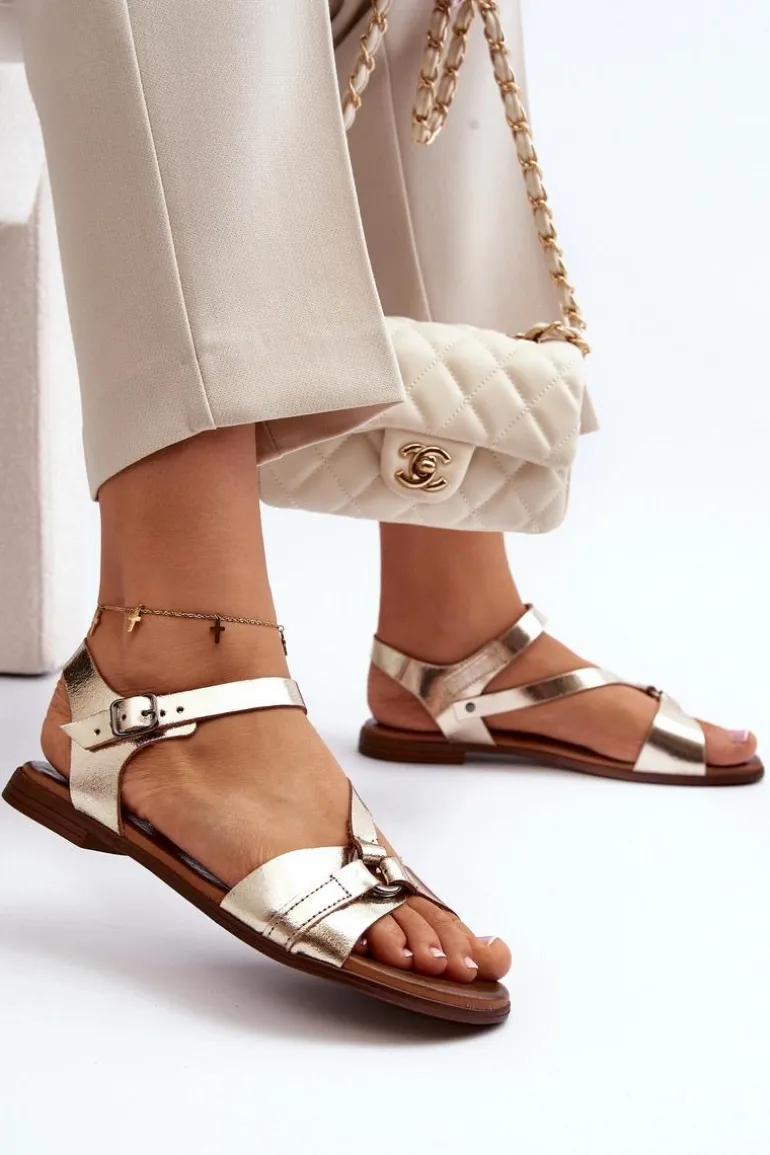 Zazoo 40182 Skórzane Sandały Damskie Złote