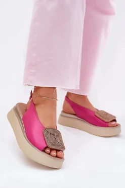 Zazoo 1786 Skórzane Sandały Damskie Na Platformie Z Ozdobą Fuksja