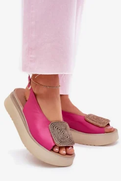 Zazoo 1786 Skórzane Sandały Damskie Na Platformie Z Ozdobą Fuksja