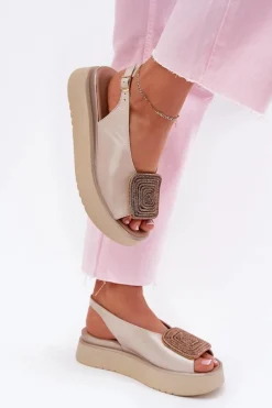 Zazoo 1786 Skórzane Sandały Damskie Na Platformie Z Ozdobą Perłowy Beż