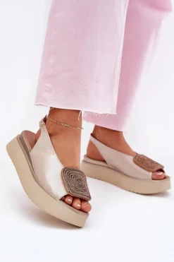 Zazoo 1786 Skórzane Sandały Damskie Na Platformie Z Ozdobą Perłowy Beż