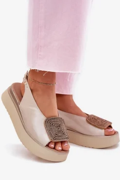 Zazoo 1786 Skórzane Sandały Damskie Na Platformie Z Ozdobą Perłowy Beż