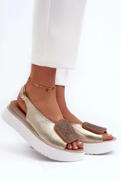 Zazoo 1786 Skórzane Sandały Damskie Na Platformie Z Ozdobą Złote