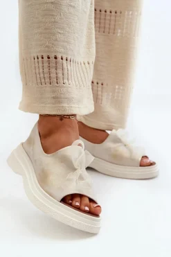 Zazoo 2939 Skórzane Sandały Damskie Z Kokardką Złoty Przecierany