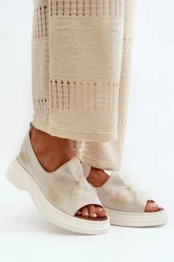 Zazoo 2939 Skórzane Sandały Damskie Z Kokardką Złoty Przecierany