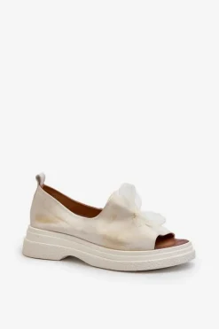 Zazoo 2939 Skórzane Sandały Damskie Z Kokardką Złoty Przecierany