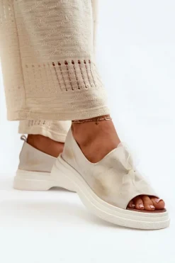 Zazoo 2939 Skórzane Sandały Damskie Z Kokardką Złoty Przecierany