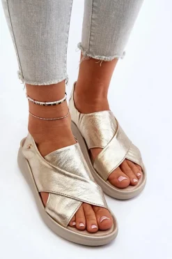 Zazoo 40392 Skórzane Sandały Damskie Złote