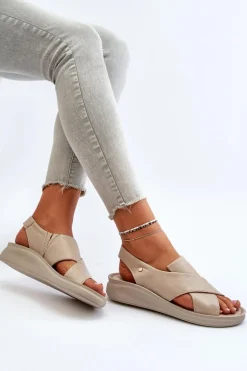 Zazoo 40392 Skórzane Sandały Damskie Beżowe