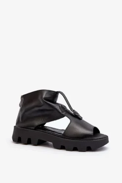 Zazoo 999 Skórzane Sandały Damskie Z Zamkiem Czarne