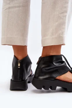 Zazoo 999 Skórzane Sandały Damskie Z Zamkiem Czarne