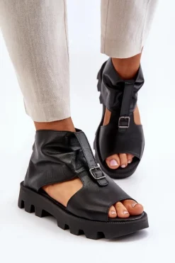 Zazoo 999 Skórzane Sandały Damskie Z Zamkiem Czarne