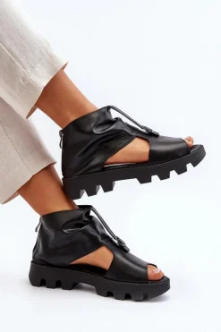 Zazoo 999 Skórzane Sandały Damskie Z Zamkiem Czarne