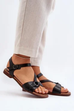 Zazoo 40182 Skórzane Sandały Damskie Czarne