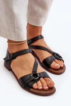 Zazoo 40182 Skórzane Sandały Damskie Czarne