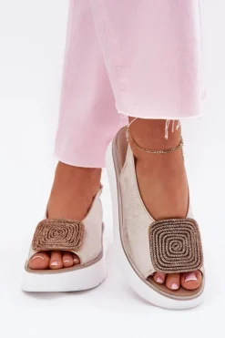 Zazoo 1786 Skórzane Sandały Damskie Na Platformie Z Ozdobą Złoty Przecierany