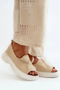 Zazoo 2939 Skórzane Sandały Damskie Z Kokardką Jasnobeżowe