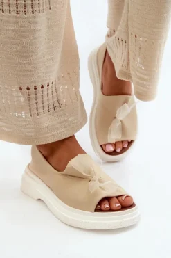 Zazoo 2939 Skórzane Sandały Damskie Z Kokardką Jasnobeżowe