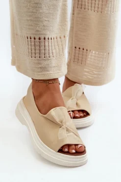 Zazoo 2939 Skórzane Sandały Damskie Z Kokardką Jasnobeżowe