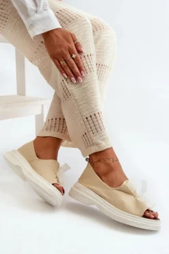 Zazoo 2939 Skórzane Sandały Damskie Z Kokardką Jasnobeżowe