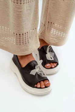 Zazoo 2939 Skórzane Sandały Damskie Z Kokardką Czarne