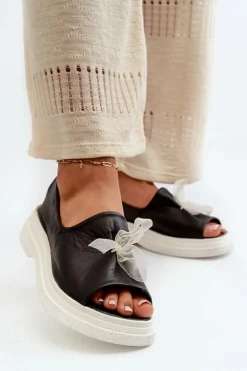 Zazoo 2939 Skórzane Sandały Damskie Z Kokardką Czarne