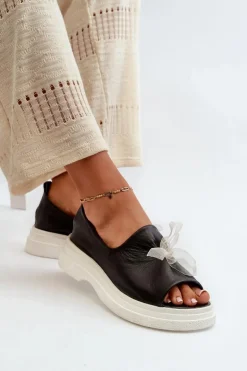 Zazoo 2939 Skórzane Sandały Damskie Z Kokardką Czarne