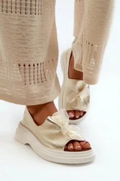 Zazoo 2939 Skórzane Sandały Damskie Z Kokardką Złote