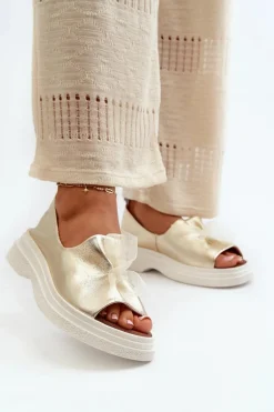 Zazoo 2939 Skórzane Sandały Damskie Z Kokardką Złote