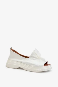 Zazoo 2939 Skórzane Sandały Damskie Z Kokardką Białe