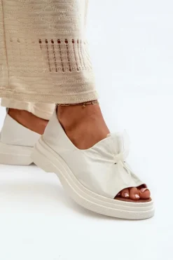 Zazoo 2939 Skórzane Sandały Damskie Z Kokardką Białe