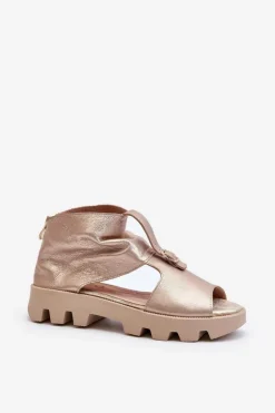 Zazoo 999 Skórzane Sandały Damskie Z Zamkiem Złote