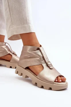 Zazoo 999 Skórzane Sandały Damskie Z Zamkiem Złote