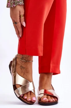 Zazoo 40141 Skórzane Sandały Na Rzep Złote