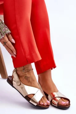 Zazoo 40141 Skórzane Sandały Na Rzep Złote