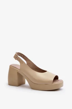 Zazoo 40376 Skórzane Sandały Na Masywnym Obcasie Beżowe