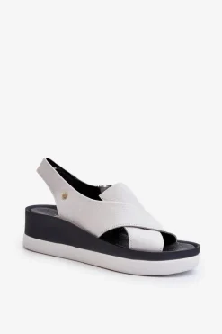 Zazoo 40256 Skórzane Sandały Na Koturnie Białe