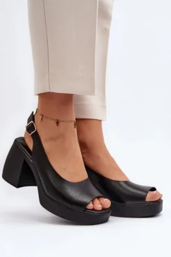 Zazoo 40376 Skórzane Sandały Na Masywnym Obcasie Czarne