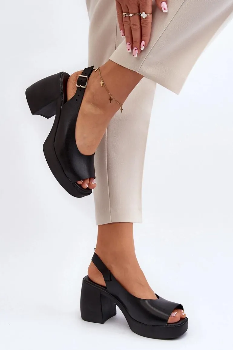 Zazoo 40376 Skórzane Sandały Na Masywnym Obcasie Czarne